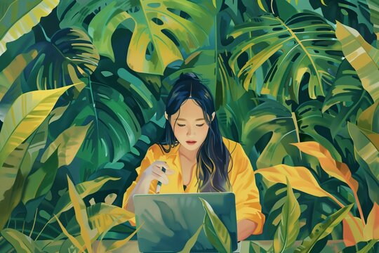 Young woman working on her laptop, in lush tropical environment with vibrant foliage. Concept of digital nomad and freelance work, blending the flexibility of remote work with the beauty of nature.
