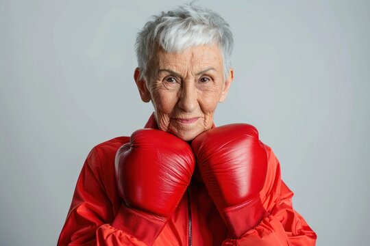 Elderly senior woman wearing red boxing gloves, confident smiling expression ready for fight