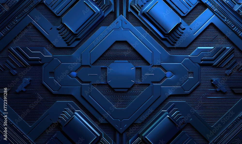 Poster a high-resolution image showcasing a complex blue geometric pattern with a tech-inspired design, per