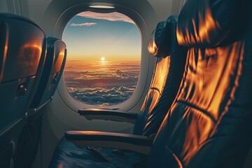 Empty seat on the plane during a beautiful sunset. customizable travel options and business airlines - obrazy, fototapety, plakaty