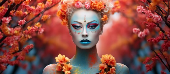 Head adorned with flowers, blue paint on face, in eyecatching art photomontage