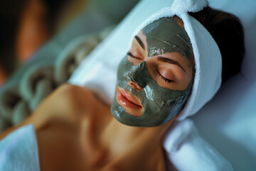 Relaxed face of a woman wearing a mud mask at a SPA clinic.