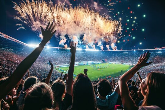 Fans celebrate in Stadium Arena night fireworks