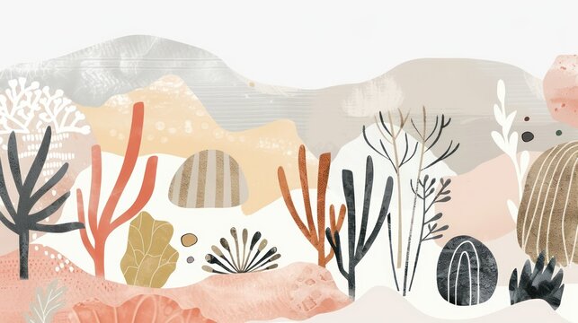 abstract landscape in pastel tones with organic shapes and vegetation-like figures It represents a modern and artistic interpretation of nature