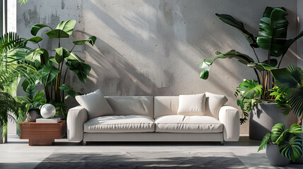 White sofa and plants in the interior of a trendy living room.