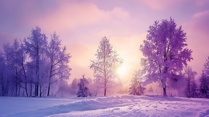 beautiful winter landscape with forest trees and sunrise winterly morning of a new day purple winter landscape with sunset