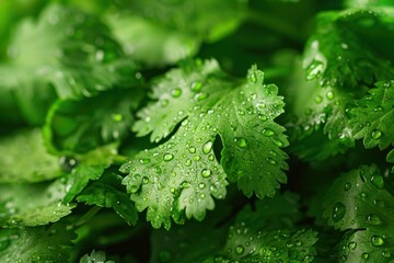 Fresh green coriander herb leaves with water drops over it