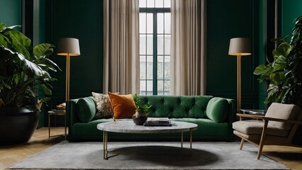 living room interior,The image features a green living room with a velvet sofa, marble coffee table, and potted plants. The room is decorated with gold accents and large windows.Luxury black and green