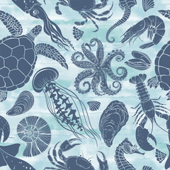 Sea creatures. Seamless pattern on blue watercolor background.  Vector Illustration. Templates for menu design, packaging, restaurants and catering. Hand drawn images.