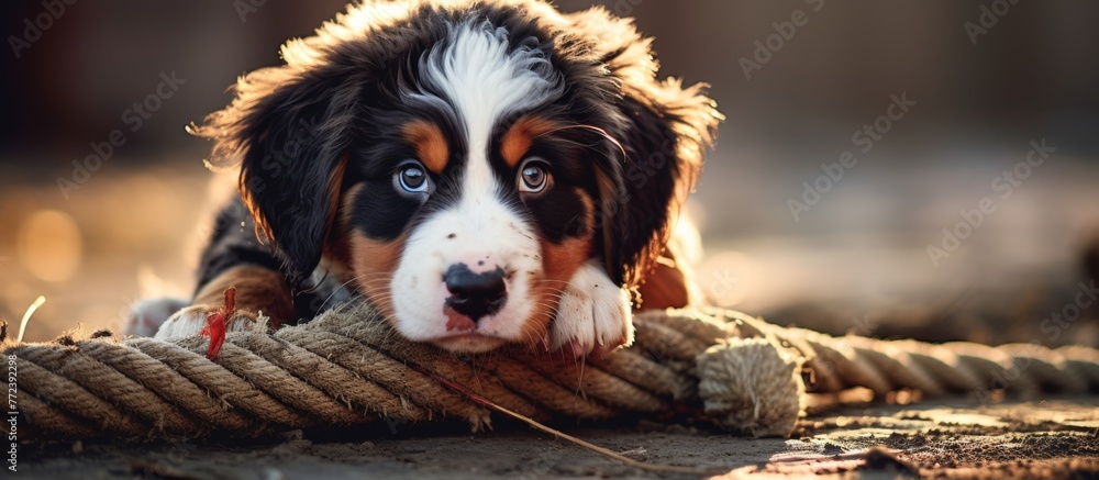 Canvas Prints A Bernese Mountain Dog puppy is resting on a rope in the wood