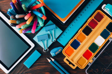 School supplies on a wooden table. Back to school.