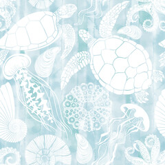 Sea creatures on blue watercolor background.  Art sea seamless pattern.  Perfect for wallpaper, wrapping, fabric, print and textile. Hand drawn vector illustration.