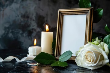 Funeral photo frame with ribbon, white rose and candles on a dark table on a black background. Space for design