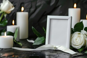 Funeral photo frame with ribbon, white rose and candles on a dark table on a black background. Space for design