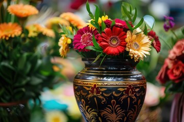 Funeral urn with ashes of dead and flowers at funeral - obrazy, fototapety, plakaty