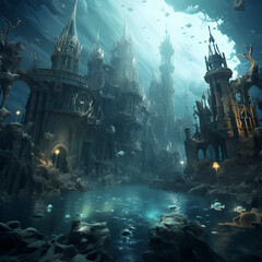 Surreal underwater city with mermaids. - obrazy, fototapety, plakaty