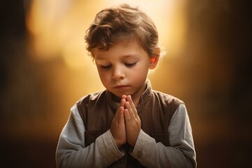 Focused Boy praying church. Human trust. Generate Ai