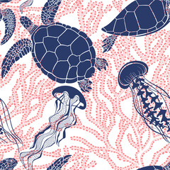  Art seamless pattern on the marine theme with turtles, jellyfish, corals on white. Vector. Perfect for design templates, wallpaper, wrapping, fabric, print and textile.