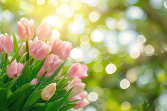 Light Pink Tulips Flowers With Copy Space, Sunny Bokeh Background