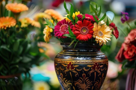 Funeral urn with ashes of dead and flowers at funeral