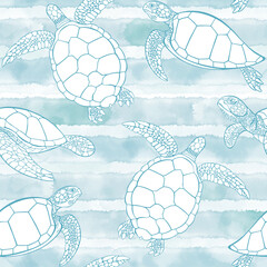 Turtles on blue watercolor background.  Art sea seamless pattern.  Perfect for wallpaper, wrapping, fabric, print and textile. Hand drawn vector illustration.