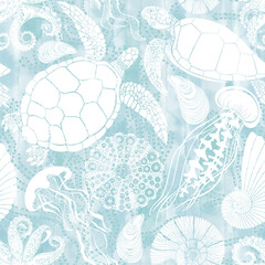Sea creatures. Art seamless pattern on the marine theme with turtles, jellyfish, underwater plants,octopus, sea ​​urchin, seashells on blue watercolor background. Hand drawn vector illustration.