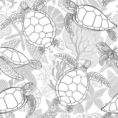  Art seamless pattern on the marine theme with turtles and sea creatures on white background. Hand drawn vector illustration. Perfect for design templates, wallpaper, wrapping, fabric, print. 