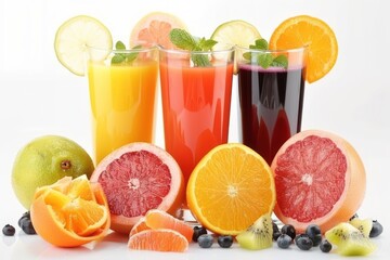 Fototapeta premium glasses of fresh juice with fruits on white background