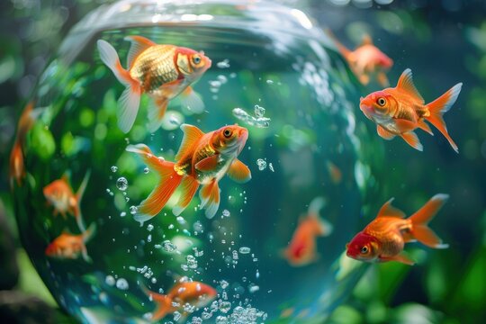 Goldfish in a round aquarium with water and one of them goes outside the aquarium for freedom
