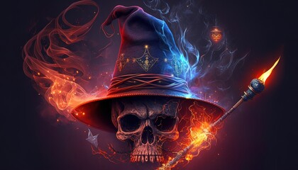 Dark wizard hat and skull Generate AI - obrazy, fototapety, plakaty