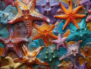 A vivid collection of sea stars in varying sizes and colors, densely packed on a moist, textured surface, showcasing marine diversity.