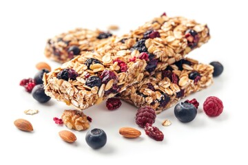 granola bar isolated on the white background. Superfood breakfast bars with oats, nuts and berries