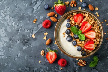 Fototapeta na wymiar Granola with yogurt and fruits strawberries, blueberries and almonds on a beautiful background with space for text