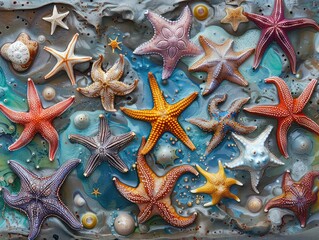 Showcasing marine diversity, a moist, textured surface hosts a vivid collection of sea stars in varying sizes and colors, densely packed together.