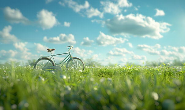 A bicycle parked on the grass for car free day, promoting eco-friendly transportation and outdoor leisure activities.