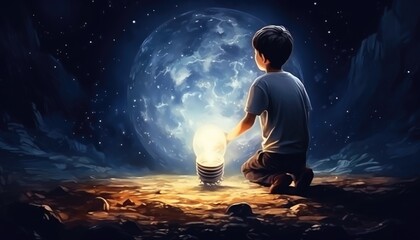 boy pulled the big bulb half buried in the ground against night sky with stars and space dust, digital art style, illustraation painting - obrazy, fototapety, plakaty