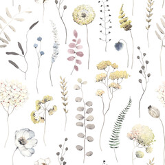 Floral seamless pattern with delicate abstract flowers and plants yellow, grey and blue colors. Watercolor isolated illustration for textile, wallpapers or floral background, creative design elements.