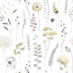 Fototapeten Floral seamless pattern with delicate abstract flowers and plants yellow, grey and blue colors. Watercolor isolated illustration for textile, wallpapers or floral background, creative design elements. © Nikole