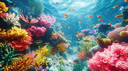 Fototapeta na wymiar Creating a vivid underwater spectacle of life, this coral reef is bathed in shafts of light filtering through the water, thriving with an abundance of colorful fish.