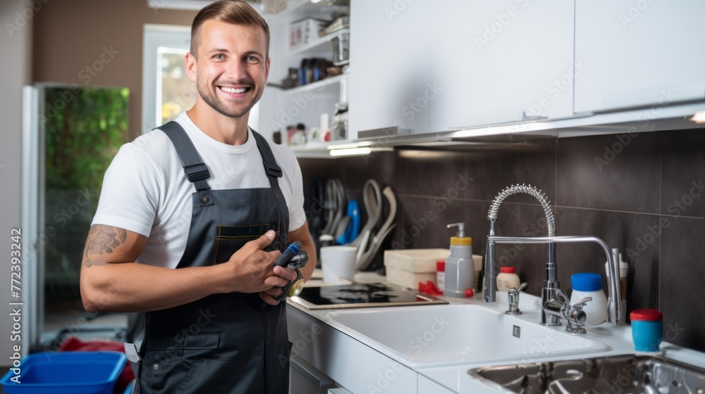 Poster a man in a blue apron is smiling and holding a tablet in front of a sink