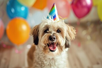 dog with open mouth celebrating his birthday with a birthday hat on his head and balloons in the background
