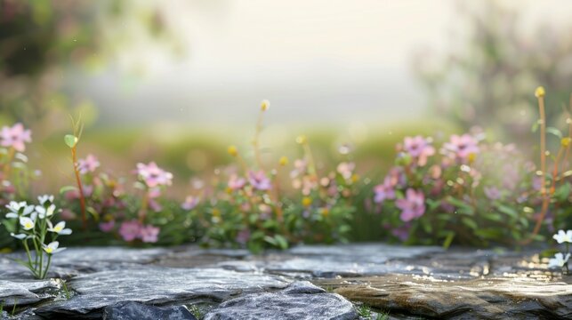 Stone table top with copy space. Flower field background
