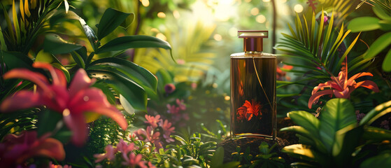 High-end perfume flacon, lush tropical forest aura, vivid greenery and exotic flowers, surreal - obrazy, fototapety, plakaty
