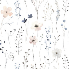 Floral seamless pattern with delicate abstract flowers and plants grey and blue colors. Watercolor isolated illustration for textile, wallpapers or floral background, creative design elements.