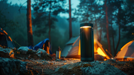 Innovative portable battery powering a camping site, tent and campfire gently blurred behind