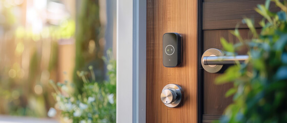 Installation of smart locks on a front door, enhancing home security, tools and door frame softly blurred