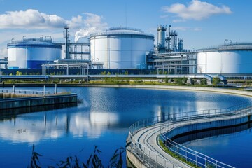 Obraz premium Hydrogen production plant, large metal storage tanks near lake or river. Clean H2 production by water electrolysis