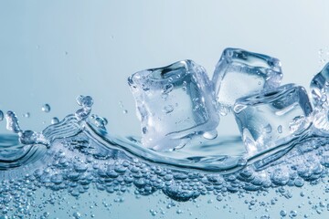 Ice cubes under water or on a light blue background
