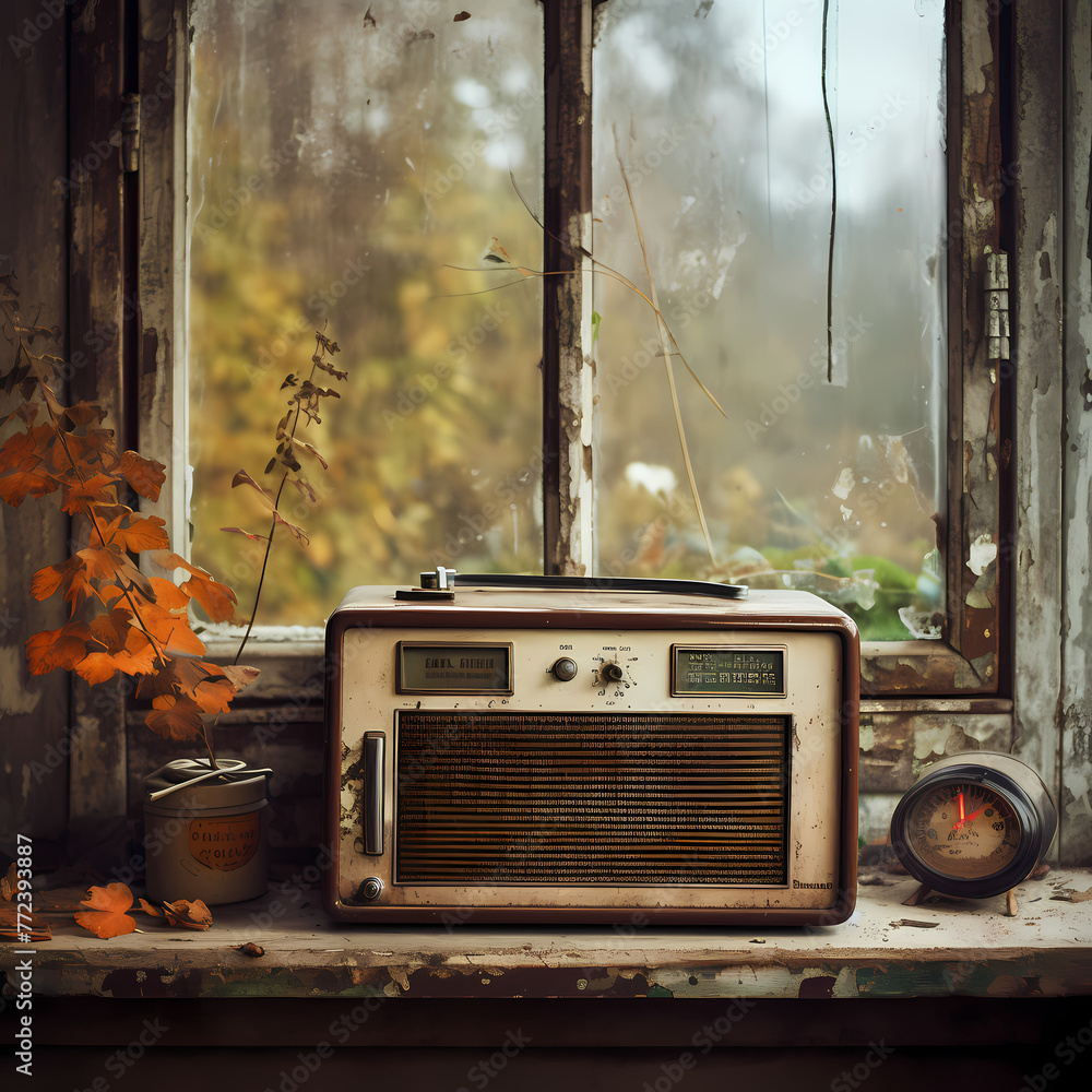 Sticker vintage radio on a weathered windowsill.