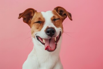 Jack Russell Terrier Dog winking and sticking out tongue on solid color bright background - obrazy, fototapety, plakaty